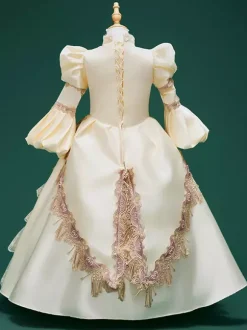 Costumes rétro champagne pour fille tunique en polyester à imprimé floral en dentelle avec chapeau style européen