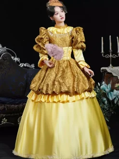 Costumes rétro jaunes pour femmes robe en polyester à volants couvre-chef costume rétro de Marie-Antoinette costume du XVIIIe siècle