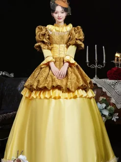Costumes rétro jaunes pour femmes robe en polyester à volants couvre-chef costume rétro de Marie-Antoinette costume du XVIIIe siècle
