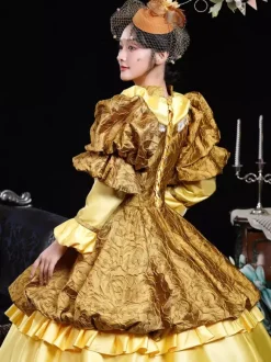 Costumes rétro jaunes pour femmes robe en polyester à volants couvre-chef costume rétro de Marie-Antoinette costume du XVIIIe siècle
