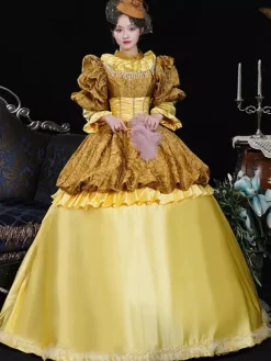 Costumes rétro jaunes pour femmes robe en polyester à volants couvre-chef costume rétro de Marie-Antoinette costume du XVIIIe siècle