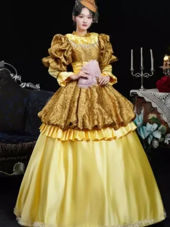 Costumes rétro jaunes pour femmes robe en polyester à volants couvre-chef costume rétro de Marie-Antoinette costume du XVIIIe siècle