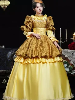 Costumes rétro jaunes pour femmes robe en polyester à volants couvre-chef costume rétro de Marie-Antoinette costume du XVIIIe siècle