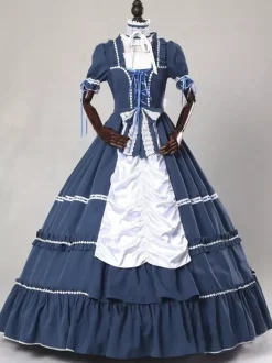 Costumes rétro marine foncé pour femmes robe ras du cou en Polyester avec n艙uds à lacets Costume rétro Marie Antoinette vêtements Vintage