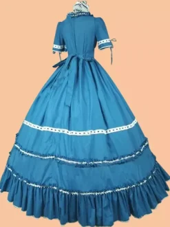 Costumes rétro marine foncé pour femmes robe ras du cou en Polyester avec n艙uds à lacets Costume rétro Marie Antoinette vêtements Vintage