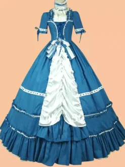 Costumes rétro marine foncé pour femmes robe ras du cou en Polyester avec n艙uds à lacets Costume rétro Marie Antoinette vêtements Vintage
