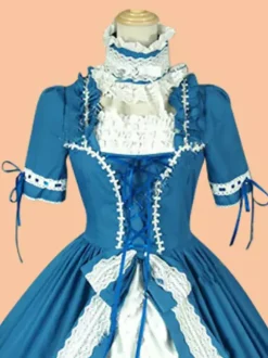 Costumes rétro marine foncé pour femmes robe ras du cou en Polyester avec n艙uds à lacets Costume rétro Marie Antoinette vêtements Vintage