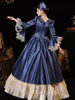 Costumes rétro pour femmes robe bleue à volants en dentelle costume de Marie-Antoinette de la Renaissance costume du XVIIIe siècle