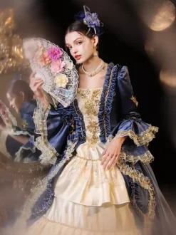 Costumes rétro pour femmes robe bleue à volants en dentelle costume de Marie-Antoinette de la Renaissance costume du XVIIIe siècle