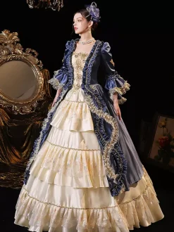 Costumes rétro pour femmes robe bleue à volants en dentelle costume de Marie-Antoinette de la Renaissance costume du XVIIIe siècle