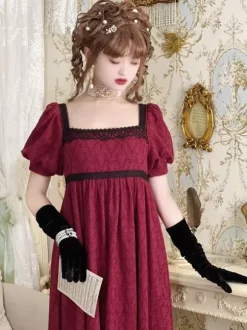 Costumes rétro roses en dentelle et coton mélangé Costume Marie-Antoinette robe Jacquard vêtements Vintage occidentaux pour femmes Bourgogne