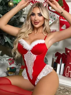 Costumes sexy de Noël pour femmes combinaison bicolore avec chaussettes montantes