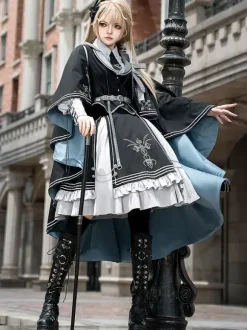 Costumes Uniforme militaire Lolita Armée Croix Détails métalliques Plumes Noir Noir