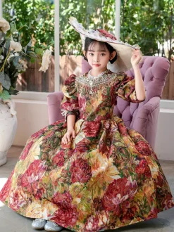 Costumes victoriens rococo Robe à imprimé floral coloré Robe rétro pour fille