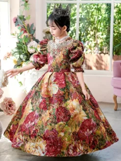 Costumes victoriens rococo Robe à imprimé floral coloré Robe rétro pour fille
