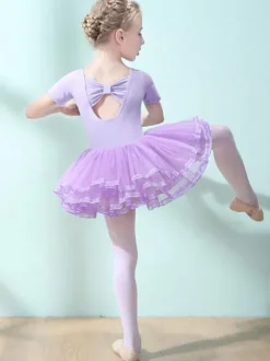 Costumes de danse de ballet Danseur enfants rose volants découpés en mélange de coton plissé robe tunique vêtements de performance fille