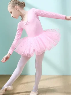 Costumes de danse de ballet Danseuse pour enfants rose volants découpés  robe en mélange de coton plissée à pois  tenue de performance tunique costume de danse