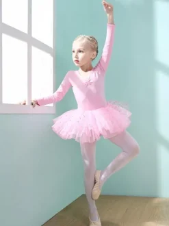 Costumes de danse de ballet Danseuse pour enfants rose volants découpés  robe en mélange de coton plissée à pois  tenue de performance tunique costume de danse