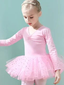 Costumes de danse de ballet Danseuse pour enfants rose volants découpés  robe en mélange de coton plissée à pois  tenue de performance tunique costume de danse