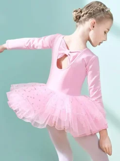 Costumes de danse de ballet Danseuse pour enfants rose volants découpés  robe en mélange de coton plissée à pois  tenue de performance tunique costume de danse