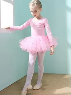 Costumes de danse de ballet Danseuse pour enfants rose volants découpés  robe en mélange de coton plissée à pois  tenue de performance tunique costume de danse