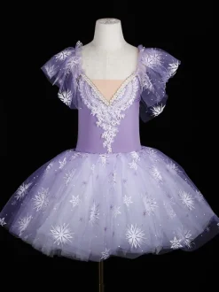 Costumes de Danse de Ballet Violet Femme Enfant Ballerine Volants Dentelle Imprimé Floral Robe en Polyester Vêtements de Danse