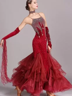 Costumes de danse de salon bordeaux femmes robe en Polyester à bretelles Sexy en dentelle et strass
