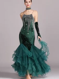 Costumes de danse de salon bordeaux femmes robe en Polyester à bretelles Sexy en dentelle et strass