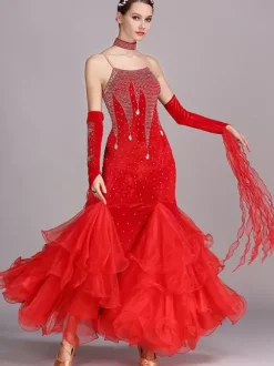 Costumes de danse de salon bordeaux femmes robe en Polyester à bretelles Sexy en dentelle et strass