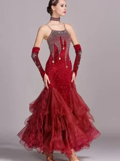 Costumes de danse de salon bordeaux femmes robe en Polyester à bretelles Sexy en dentelle et strass