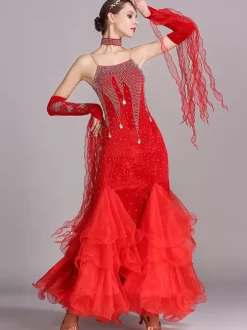 Costumes de danse de salon bordeaux femmes robe en Polyester à bretelles Sexy en dentelle et strass
