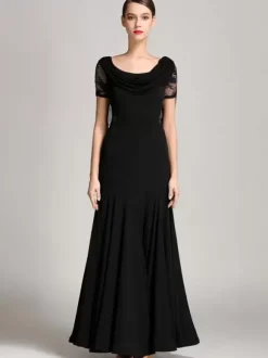 Costumes de danse de salon bordeaux pour femmes robe élégante transparente en Polyester col bénitier à volants en dentelle robe de danse plissée