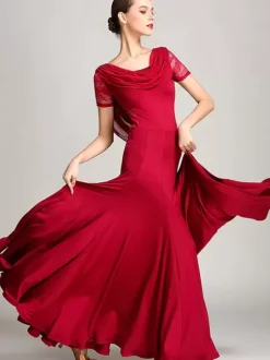 Costumes de danse de salon bordeaux pour femmes robe élégante transparente en Polyester col bénitier à volants en dentelle robe de danse plissée