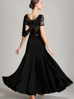 Costumes de danse de salon bordeaux pour femmes robe élégante transparente en Polyester col bénitier à volants en dentelle robe de danse plissée