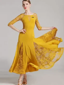 Costumes de danse de salon jaune pour femmes robe de danse transparente élégante