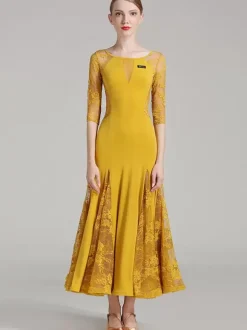 Costumes de danse de salon jaune pour femmes robe de danse transparente élégante