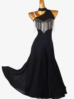 Costumes de danse de salon noir femme Lycra Spandex robe asymétrique robe de danse