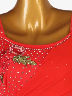 Costumes De Danse De Salon Rouge Manches Longues Femmes Élégantes Lycra Spandex Brodé Strass Robe De Danse