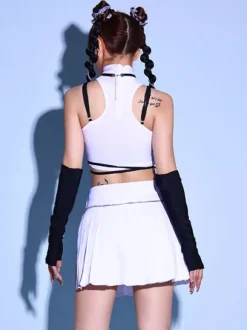 Costumes de danse jazz blanc pour femmes en polyester haut jupe gants ensemble vêtements de danse