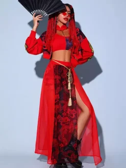 Costumes de danse jazz pour femmes Corset en polyester pardessus jupe fendue ceinture 4 pièces ensemble vêtements de danse