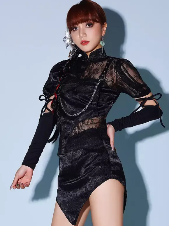Costumes de danse noirs pour femmes Jazz Hip Hop Punk Jupe Top Jupe Ensemble Vêtements de danse