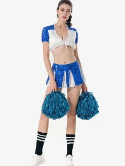Costumes de Déguisement Cheerleader Pom-Pom Girl Adulte Sexy Femmes Déguisements Sexy Imprimés Moulants Deux Pièces à Col V avec Manches Courtes Taille Haute Bicolores