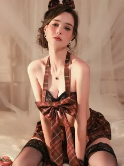 Costume Sexy D'Écolière Femmes Jupe Lingerie Ensemble N艙ud