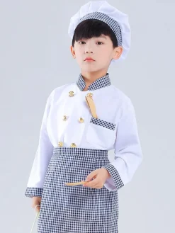 Costumes pour enfants Chef Cosplay chapeau blanc vêtements tablier ensemble 3 pièces Costume d'halloween en polyester