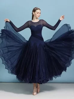 Costumes Robe de danse de salon bleu marine foncé femme élégant transparent en polyester soirée