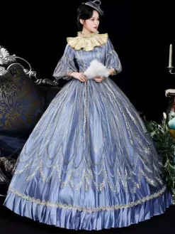 Costumes rétro bleus en dentelle polyester Marie Antoinette Costume coiffures robe de bal masquée rétro pour femmes