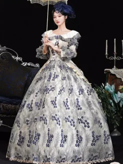 Costumes rétro bleus pour femmes imprimé floral volants fleurs polyester robe de costume Marie Antoinette couvre-chef vêtements rétro vintage
