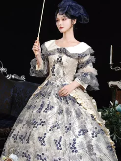 Costumes rétro bleus pour femmes imprimé floral volants fleurs polyester robe de costume Marie Antoinette couvre-chef vêtements rétro vintage