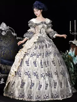 Costumes rétro bleus pour femmes imprimé floral volants fleurs polyester robe de costume Marie Antoinette couvre-chef vêtements rétro vintage