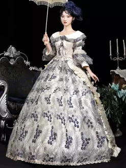Costumes rétro bleus pour femmes imprimé floral volants fleurs polyester robe de costume Marie Antoinette couvre-chef vêtements rétro vintage